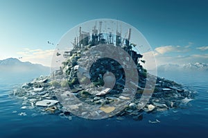 Pollution of the planet. 3D illustration. 3D rendering, Environmental disaster concept, Plastic Island or Great Pacific Garbage