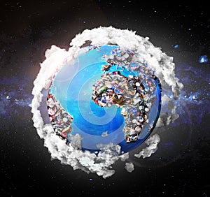 Pollution planet. Earth with trash in form of continents