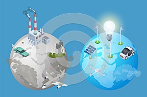 Pollution planet problem. Pollution vs clean earth. Isometric alternative energy sources vector illustration
