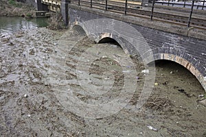 Pollution and plastic waste on the River Witham in Lincoln, Lincolnshire, UK - Summer 2019