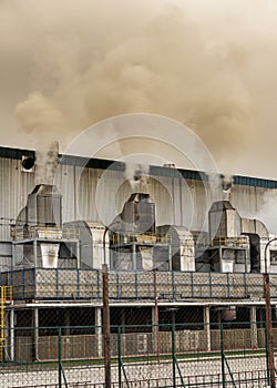 Pollution from power plant chimneys. Deadly smoke emmiting from the factory