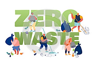 Pollution Recycling Ecology Zero Waste Concept. People Removing Trash, Cleaning Earth Surface with Rakes. Saving Planet