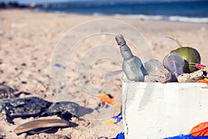 Pollutions and garbages in the sea and on the beach