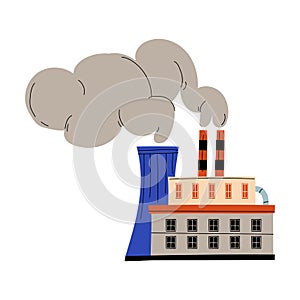 Pollutive Industry Plant Factory Emitting Smoke Through Chimneys, Ecological Problem, Environmental Pollution By