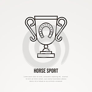 Polo champion trophy linear icon. Golden cup with horseshoe logo, horse races championship sign. Winner award