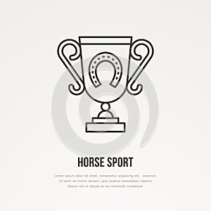 Polo champion trophy linear icon. Golden cup with horseshoe logo, horse races championship sign. Winner award photo
