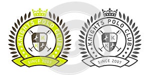 Polo club logo. Shield horse badge. Equestrian competition. Polo sport game emblem with crown and banner. Print for polo team