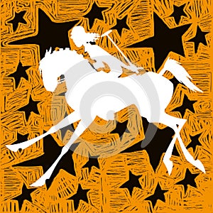 Polo girl, white silhouette on orange star background