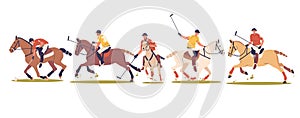 Polo Players In Action, Male Characters Riding Their Horses While Wielding Mallets. Their Poses Reflect The Intensity