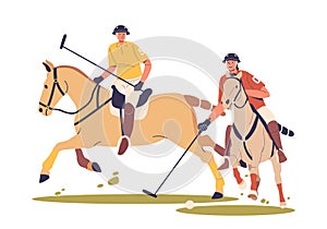 Polo Players Riding And Maneuvering Horses While Wielding Mallets To Strike A Ball Towards Goals. Skilled Equestrians photo