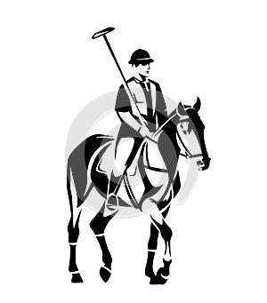 Polo sport pony horse and jockey rider black and white vector outline