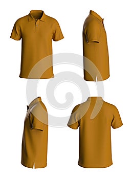 Polo T-shirt template, from four sides, isolated on white background. orange Color