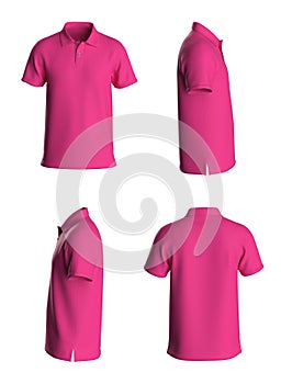 Polo T-shirt template, from four sides, isolated on white background. Pink Color