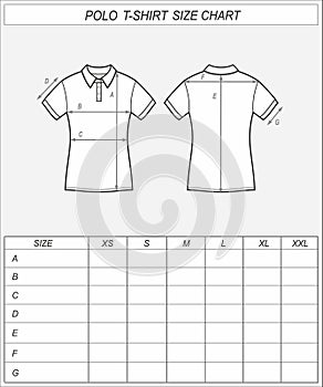 Polo tshirt size chart. T shirt front and back