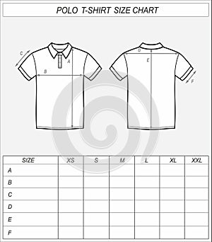 Polo tshirt size chart. T shirt front and back