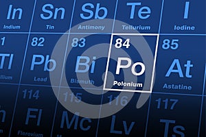 Polonium, element with symbol Po, on the periodic table