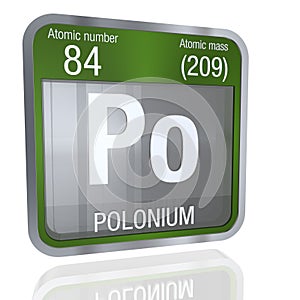 Polonium symbol in square shape with metallic border and transparent background with reflection on the floor. 3D render