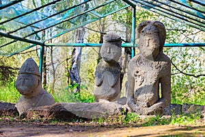 Polovtsian Sanctuary with Kurgan stelae or statue menhirs in Open air Museum of Folk Architecture and Folkways