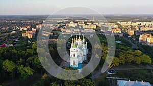 Poltava city Holy Assumption Cathedral aerial panorama view in the evening.