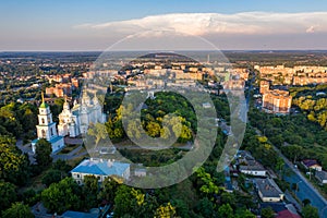 Poltava city at the sunset aerial view Ukraine.