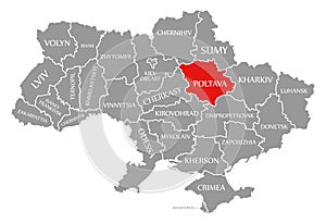 Poltava red highlighted in map of the Ukraine