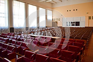 Poltava, Ukraine - April 4, 2019: Assembly hall in the cultural center with red seats for spectators