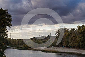 Poltava Ukraine Vorskla river with view on Orthdox Church . Landscape