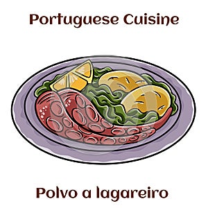 Polvo a lagareiro. Traditional portuguese dish ogrilled octopus with potatoes photo