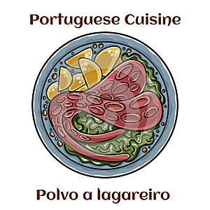 Polvo a lagareiro. Traditional portuguese dish ogrilled octopus with potatoes photo