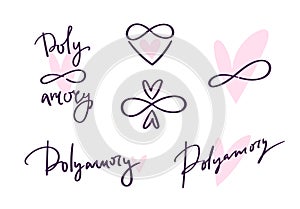 Polyamory hand drawn logo set. Ethical non monogamy concept. Notions of polygamy and open relations. Heart shape sign