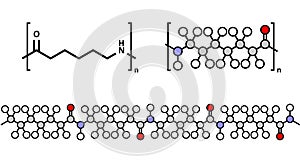 Polycaprolactam (nylon 6) polymer, chemical structure. Polyamide frequently used for production of synthetic fibers. Multiple