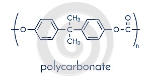 Polycarbonate PC plastic, chemical structure. Made from phosgene and bisphenol A. Skeletal formula.