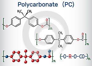 Polycarbonate PC thermoplastic polymer molecule. Structural chemical formula and molecule model