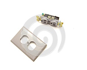 Polycarbonate wall plate with gray finish industrial grade duplex receptacle 20A-125V capacity, 5-leaf brass, superior plug