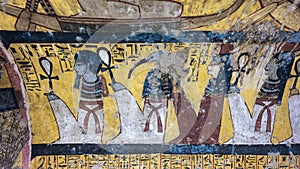 Polychrome decoration on the South wall of the 1st chamber of TT218, the Tomb of Amennakht in Deir el-Medina, Egypt.