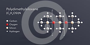 polydimethylsiloxane molecule 3d rendering, flat molecular structure with chemical formula and atoms color coding