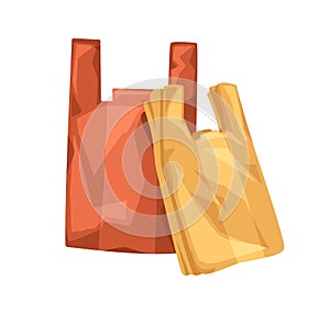 Polyethylene plastic bags. New folded cellophane polythene grocery shopping packages. Clean disposable packs with