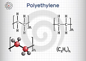 Polyethylene, polythene, PE, polyethene, poly(methylene) molecule. Structural chemical formula, molecule model.