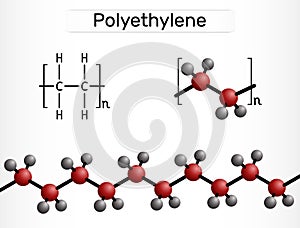 Polyethylene, polythene, PE, polyethene, poly(methylene) molecule. Structural chemical formula and molecule model.