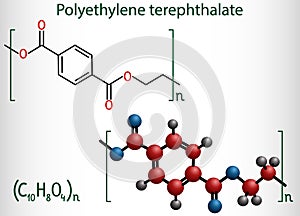 Polyethylene terephthalate or PET, PETE polyester, thermoplastic polymer molecule. Structural chemical formula and molecule model