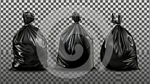 Polyethylene trashbag in a roll, full of trash, isolated on a transparent background. Modern realistic mockup.