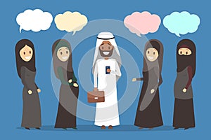 Polygamy arabic family. Girl in hijab. Man with many wifes