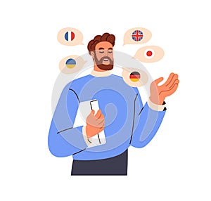 Polyglot, multilingual speaker. Man speaking many different foreign languages, talking, studying, knowing English photo