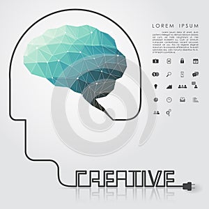 Polygon brain and creative head wire with business icon