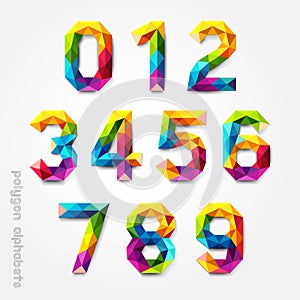 Polygon number alphabet colorful font style.