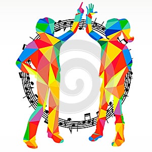 Polygon silhouettes dancing people and melody circle, vector music battle party background
