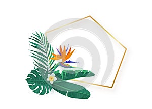 Polygon slanted gold frame with tropical hawaii strelitzia flower leaves bouquet vector background. Tropic exotic