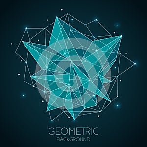 Polygonal abstract futuristic template, low poly sign on dark blue background. Vector lines, dots and triangle shapes