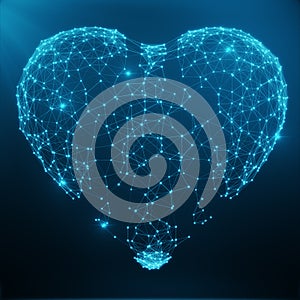 Polygonal Abstract Heart Concept Consisting of Blue Dots and Lines. Digital Illustration. Polygonal Structure, Triangle