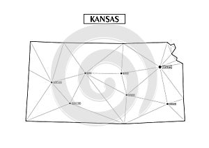 Polygonal abstract map state of Kansas with connected triangular shapes formed from lines. Capital of state - Topeka